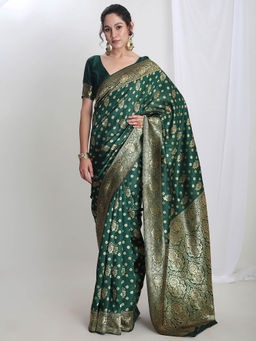 Janasya - Women's Green Silk Blend Floral Woven Design Jacquard Saree with Unstitched Blouse