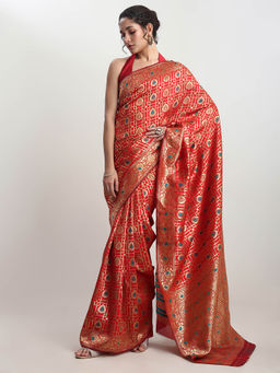 Janasya - Women's Red Silk Blend Ethnic Motifs Woven Design Jacquard Saree with Unstitched Blouse