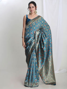 Janasya - Women's Teal Blue Silk Blend Ethnic Motifs Woven Jacquard Saree with Unstitched Blouse