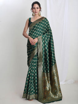 Janasya - Women's Green Silk Blend Ethnic Woven Design Jacquard Saree with Unstitched Blouse