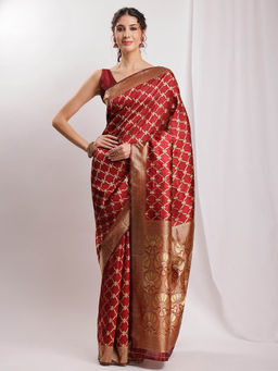 Janasya - Women's Maroon Silk Blend Ethnic Woven Design Jacquard Saree with Unstitched Blouse