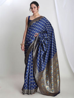 Janasya - Women's Blue Silk Blend Ethnic Woven Design Jacquard Saree with Unstitched Blouse