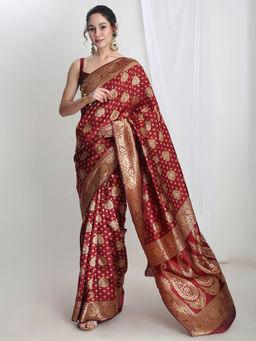 Janasya - Women's Maroon Silk Blend Ethnic Motifs Woven Design Jacquard Saree with Unstitched Blouse