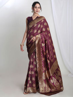 Janasya - Women's Wine Silk Blend Ethnic Motifs Woven Design Jacquard Saree with Unstitched Blouse