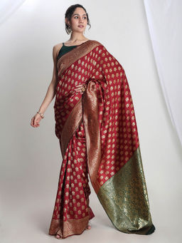 Janasya - Women's Maroon Silk Blend Ethnic Motifs Woven Design Jacquard Saree with Unstitched Blouse