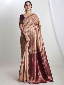 Janasya - Women's Wine Silk Blend Ethnic Printed Woven Design Jacquard Saree with Unstitched Blouse