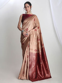 Janasya - Women's Maroon Silk Blend Ethnic Printed Woven Design Jacquard Saree with Unstitched Blouse