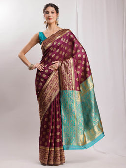 Janasya - Women's Wine Silk Blend Floral Woven Design Jacquard Saree with Unstitched Blouse