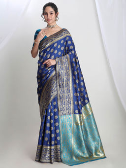 Janasya - Women's Blue Silk Blend Floral Woven Design Jacquard Saree with Unstitched Blouse