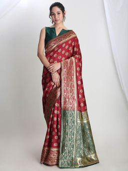 Janasya - Women's Maroon Silk Blend Floral Woven Design Jacquard Saree with Unstitched Blouse