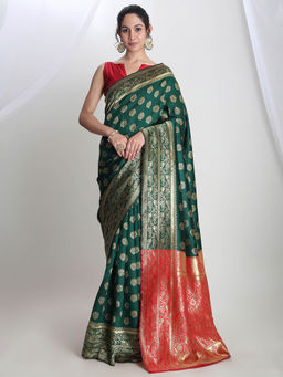 Janasya - Women's Green Silk Blend Floral Woven Design Jacquard Saree with Unstitched Blouse