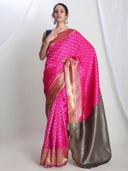 Janasya - Women's Pink Silk Blend Ethnic Motifs Woven Design Jacquard Saree with Unstitched Blouse