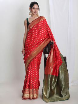 Janasya - Women's Red Silk Blend Ethnic Motifs Woven Design Jacquard Saree with Unstitched Blouse