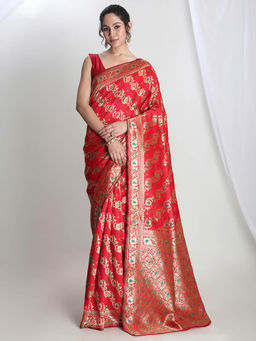 Janasya - Women's Red Silk Blend Floral Woven Design Jacquard Saree with Unstitched Blouse