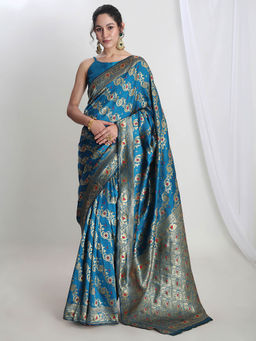 Janasya - Women's Teal Blue Silk Blend Floral Woven Design Jacquard Saree with Unstitched Blouse