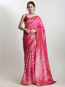 Janasya - Women's Pink Silk Blend Paisley Woven Design Jacquard Saree with Unstitched Blouse