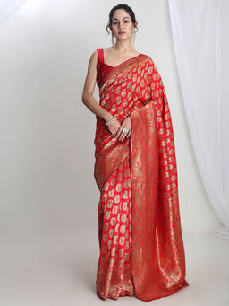 Janasya - Women's Red Silk Blend Paisley Woven Design Jacquard Saree with Unstitched Blouse