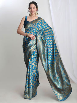 Janasya - Women's Teal Silk Blend Paisley Woven Design Jacquard Saree with Unstitched Blouse