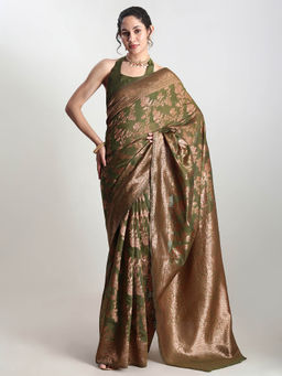 Janasya - Women's Green Silk Blend Floral Woven Design Jacquard Saree with Unstitched Blouse