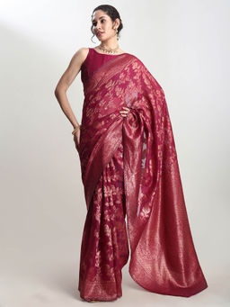 Janasya - Women's Maroon Silk Blend Floral Woven Design Jacquard Saree with Unstitched Blouse