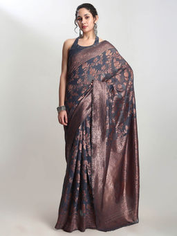 Janasya - Women's Grey Silk Blend Floral Woven Design Jacquard Saree with Unstitched Blouse