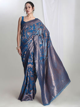 Janasya - Women's Blue Silk Blend Floral Woven Design Jacquard Saree with Unstitched Blouse