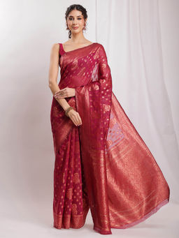 Janasya - Women's Maroon Silk Blend Floral Woven Design Jacquard Saree with Unstitched Blouse