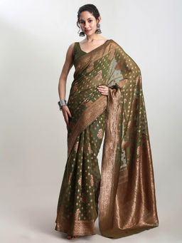 Janasya - Women's Green Silk Blend Floral Woven Design Jacquard Saree with Unstitched Blouse