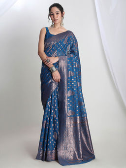 Janasya - Women's Teal Blue Silk Blend Floral Woven Design Jacquard Saree with Unstitched Blouse