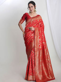 Janasya - Women's Red Silk Blend Woven Design Jacquard Saree with Unstitched Blouse