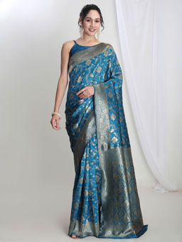 Janasya - Women's Teal Blue Silk Blend Woven Design Jacquard Saree with Unstitched Blouse