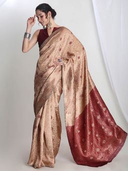 Janasya - Women's Beige Silk Blend Floral Woven Design Jacquard Saree with Unstitched Blouse