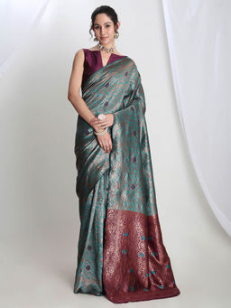 Janasya - Women's Sea Green Silk Blend Floral Woven Design Jacquard Saree with Unstitched Blouse