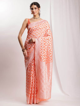 Janasya - Women's Orange Silk Blend Floral Woven Design Jacquard Saree with Unstitched Blouse