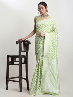 Janasya - Women's Light Green Silk Blend Floral Woven Design Jacquard Saree with Unstitched Blouse