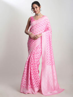 Janasya - Women's Pink Silk Blend Floral Woven Design Jacquard Saree with Unstitched Blouse