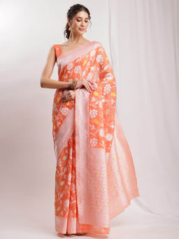 Janasya - Women's Orange Silk Blend Floral Woven Design Jacquard Saree with Unstitched Blouse