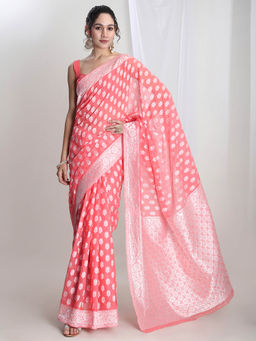 Janasya - Women's Coral Silk Blend Floral Woven Design Jacquard Saree with Unstitched Blouse