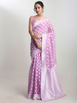 Janasya - Women's Lavender Silk Blend Floral Woven Design Jacquard Saree with Unstitched Blouse
