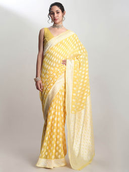 Janasya - Women's Yellow Silk Blend Floral Woven Design Jacquard Saree with Unstitched Blouse