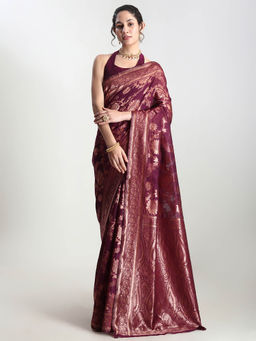 Janasya - Women's Wine Silk Blend Floral Woven Design Jacquard Saree with Unstitched Blouse