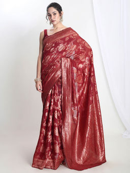 Janasya - Women's Maroon Silk Blend Floral Woven Design Jacquard Saree with Unstitched Blouse