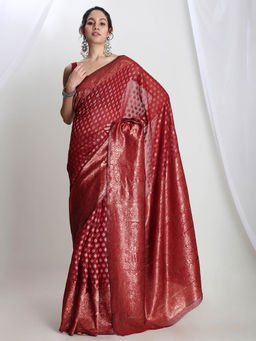 Janasya - Women's Maroon Silk Blend Floral Woven Design Jacquard Saree with Unstitched Blouse