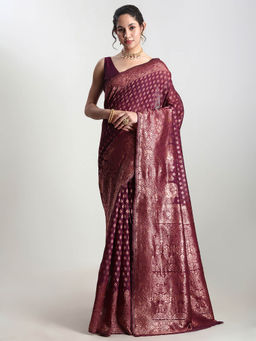 Janasya - Women's Maroon Silk Blend Floral Woven Design Jacquard Saree with Unstitched Blouse