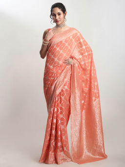 Janasya - Women's Peach Silk Blend Floral Woven Design Jacquard Saree with Unstitched Blouse