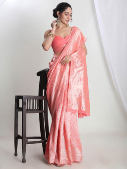 Janasya - Women's Peach Silk Blend Leaf Motifs Woven Design Jacquard Saree with Unstitched Blouse
