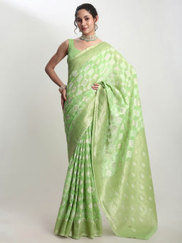 Janasya - Women's Green Silk Blend Geometric Woven Design Jacquard Saree with Unstitched Blouse