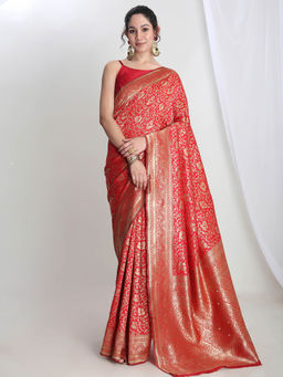 Janasya - Women's Red Silk Blend Woven Design Jacquard Saree with Unstitched Blouse