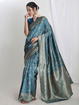 Janasya - Women's Teal Blue Silk Blend Floral Woven Design Jacquard Saree with Unstitched Blouse