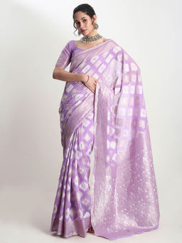 Janasya - Women's Lavender Silk Blend Geometric Woven Design Jacquard Saree with Unstitched Blouse